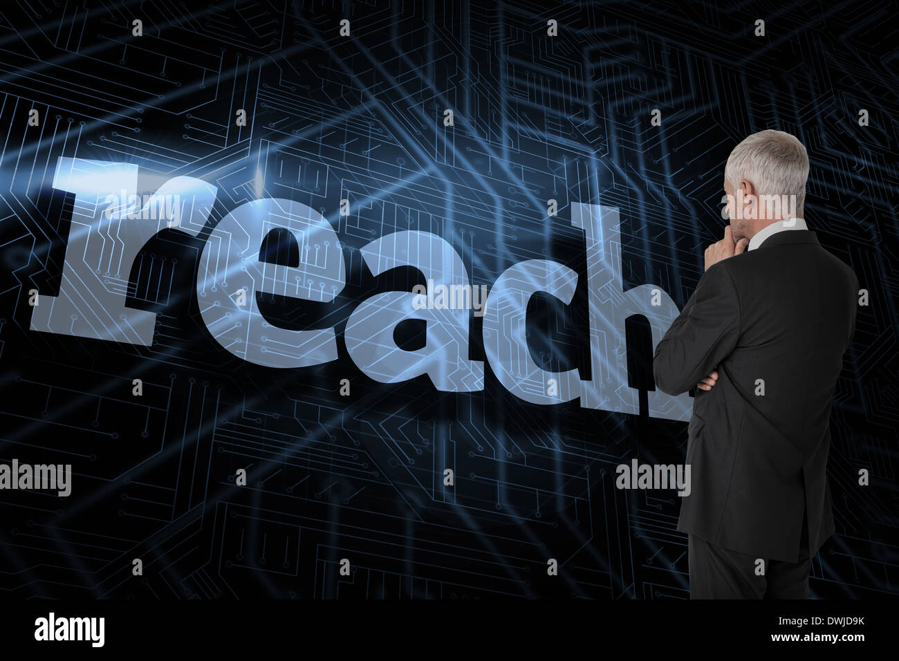 Reach against futuristic black and blue background Stock Photo - Alamy