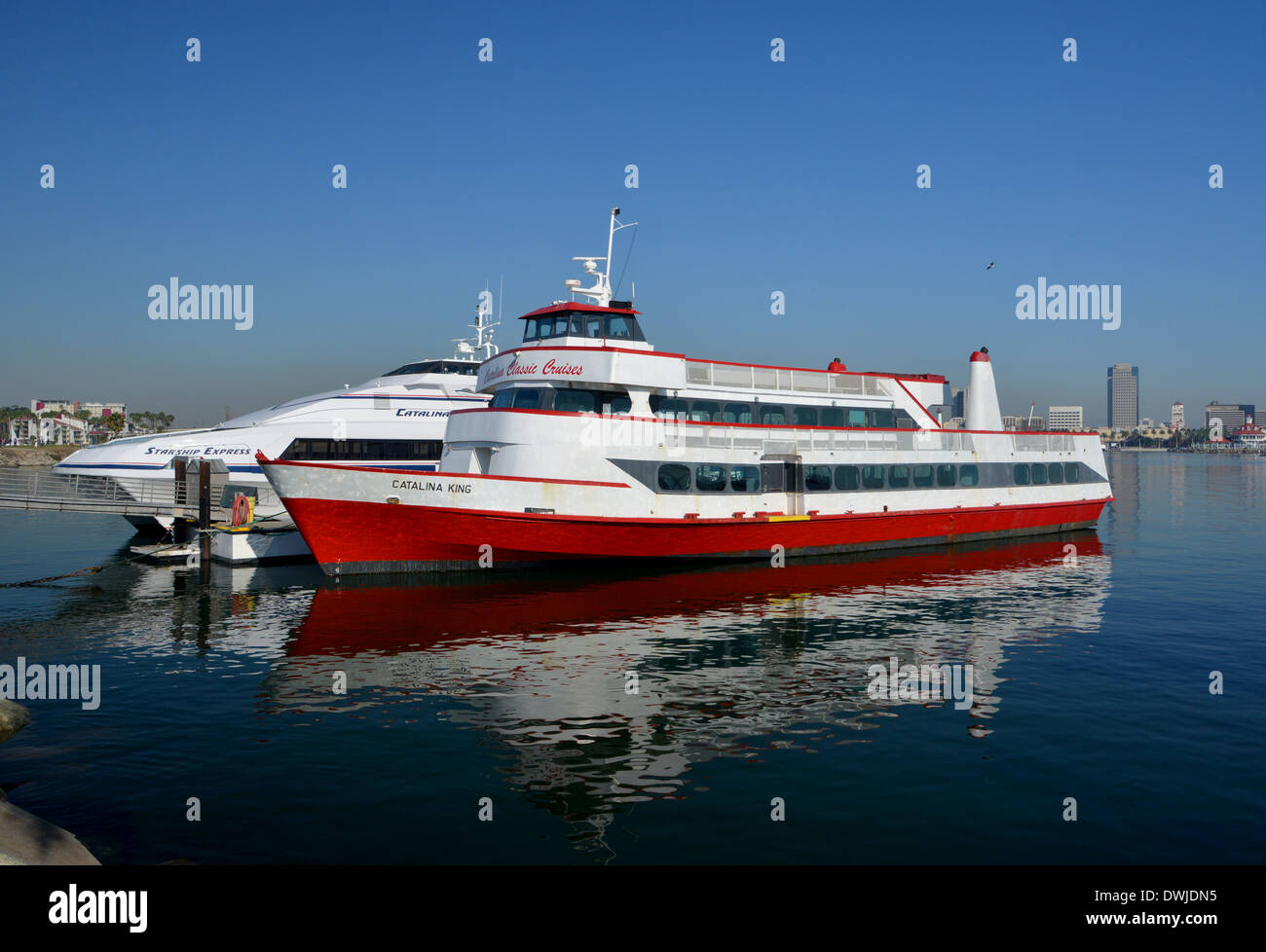 The Catalina Queen ferry boat waits in the morning stillness of Long