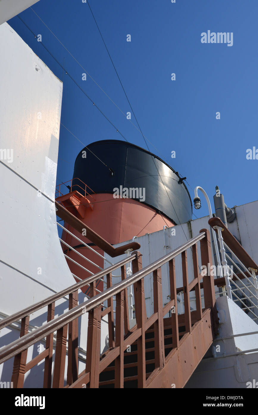 steps up the a funnel of the Queen Mary, 1936 art deco Cunard ocean liner now moored at Long Beach, California Stock Photo