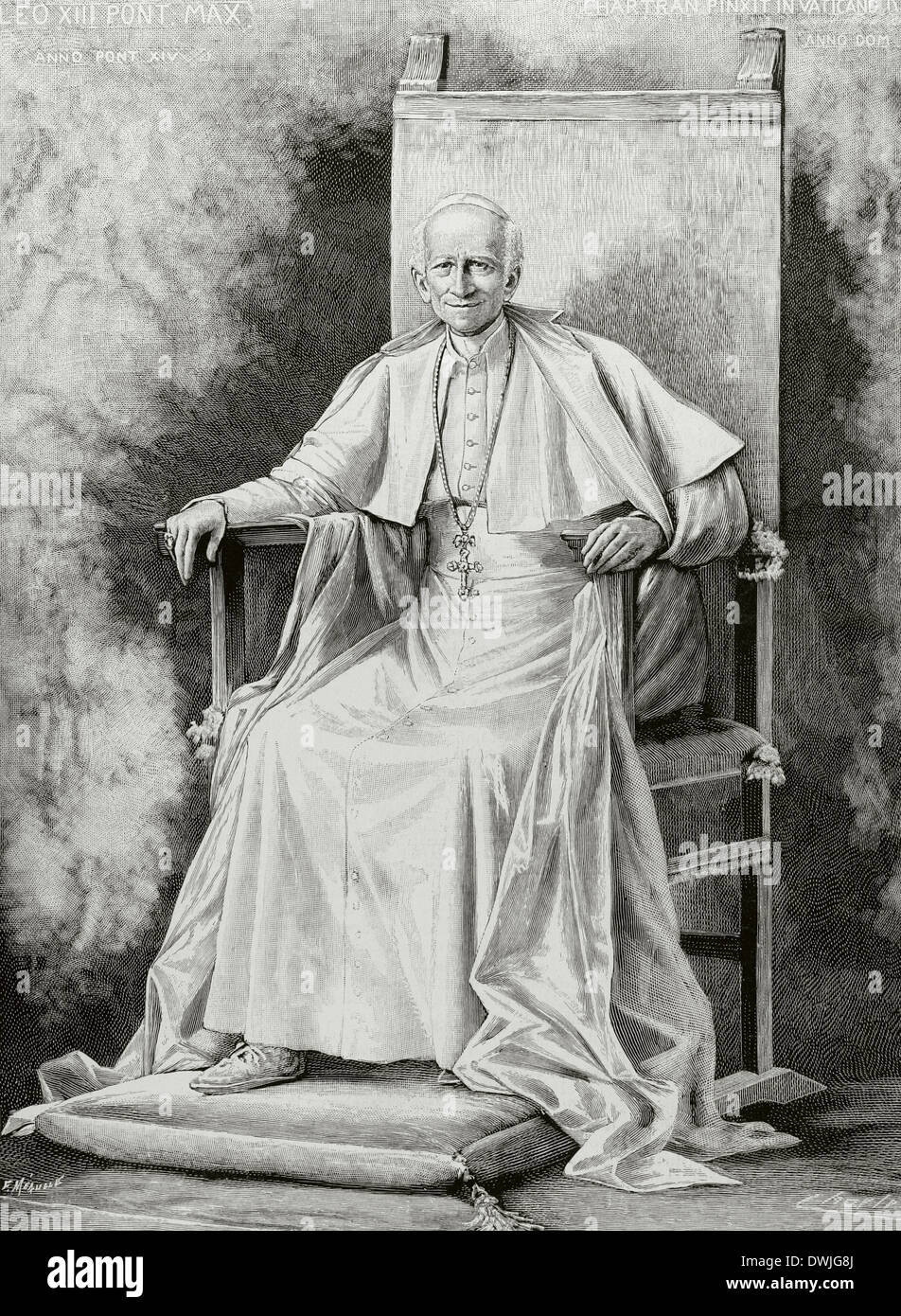 Leo XIII (1810-1903). Italian Pope (1878-1903), named Vincenzo Gioacchino Pecci. Engraving. Stock Photo