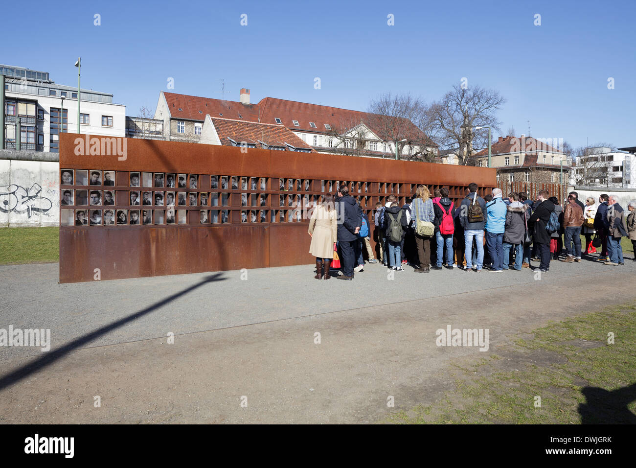 Bernauer Strasse Memorial, wall of photos to victims of the Berlin Wall, Berlin, Germany Stock Photo
