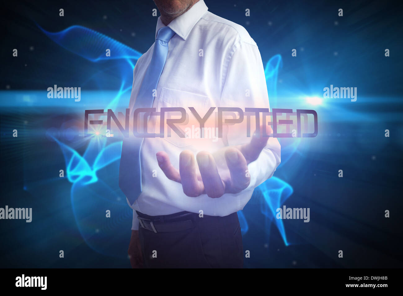 Businessman presenting the word encrypted Stock Photo