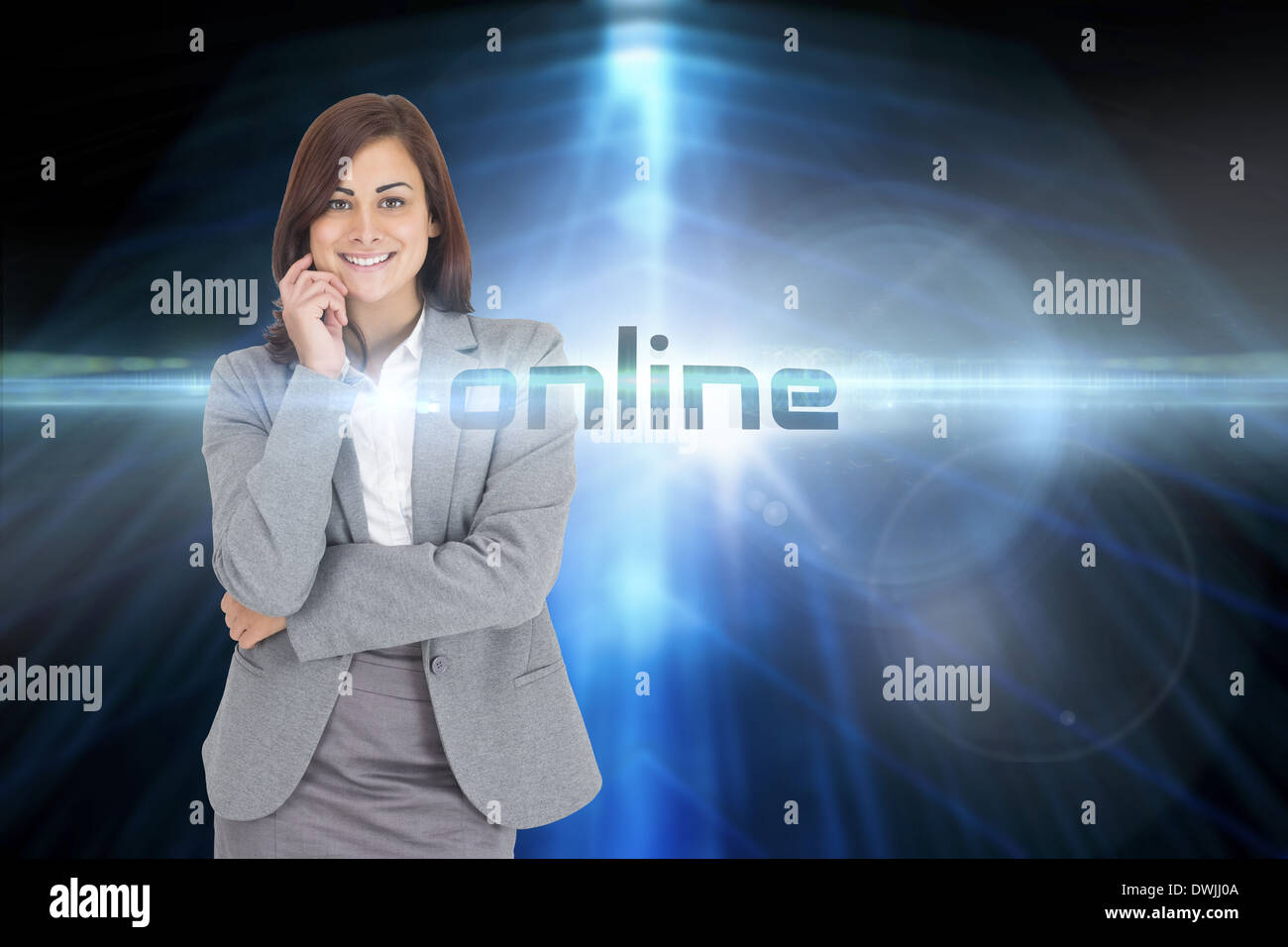 Online against shiny arrow lines on black background Stock Photo