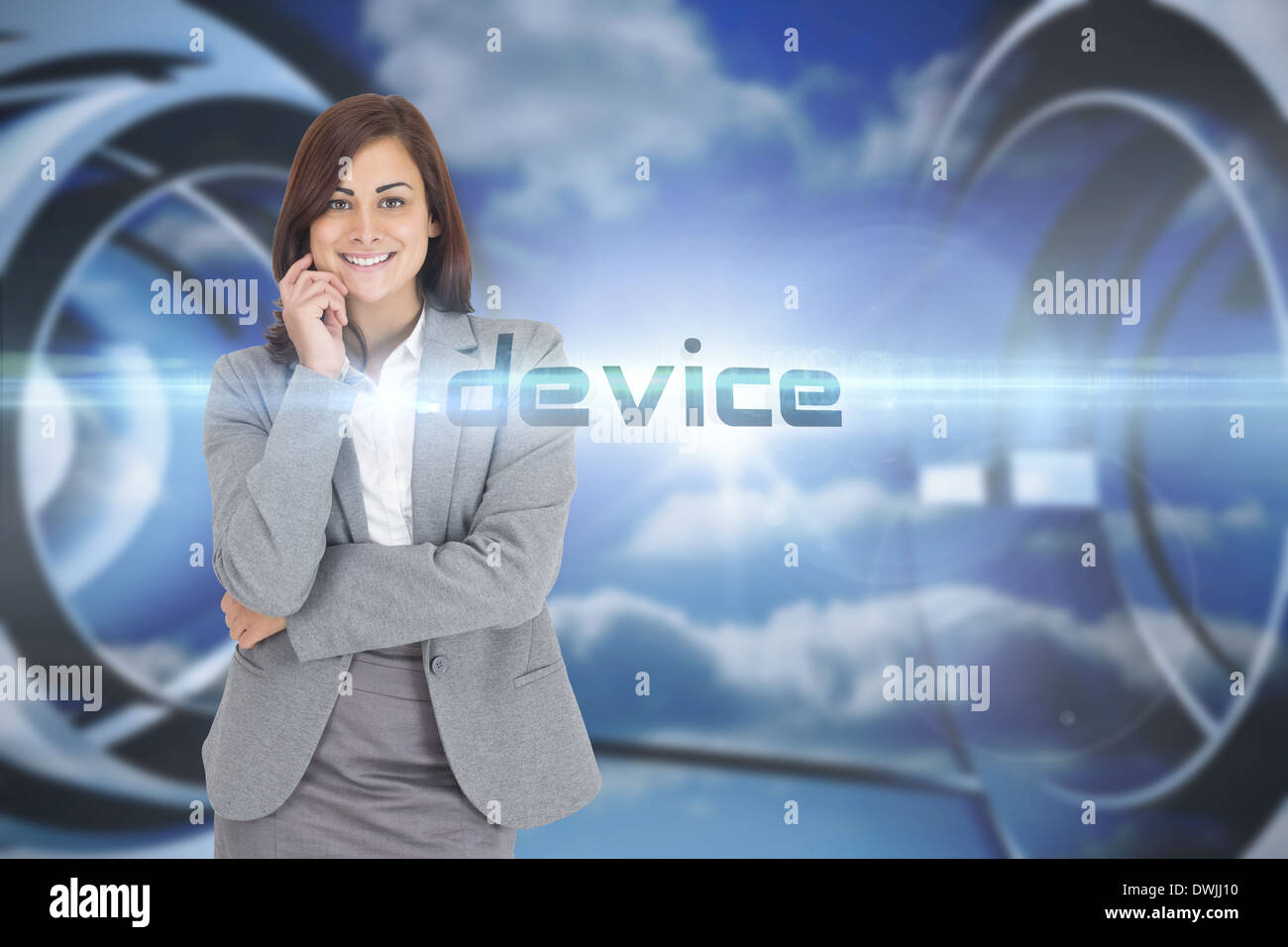 Device against clouds in a futuristic structure Stock Photo