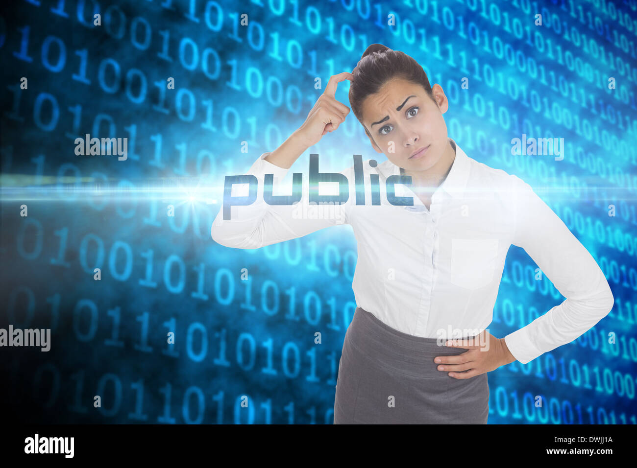 Public against shiny blue binary code on black background Stock Photo