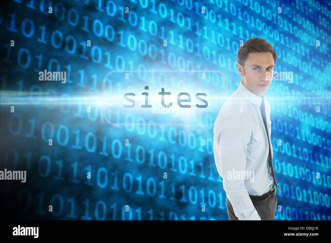 Sites against shiny blue binary code on black background Stock Photo