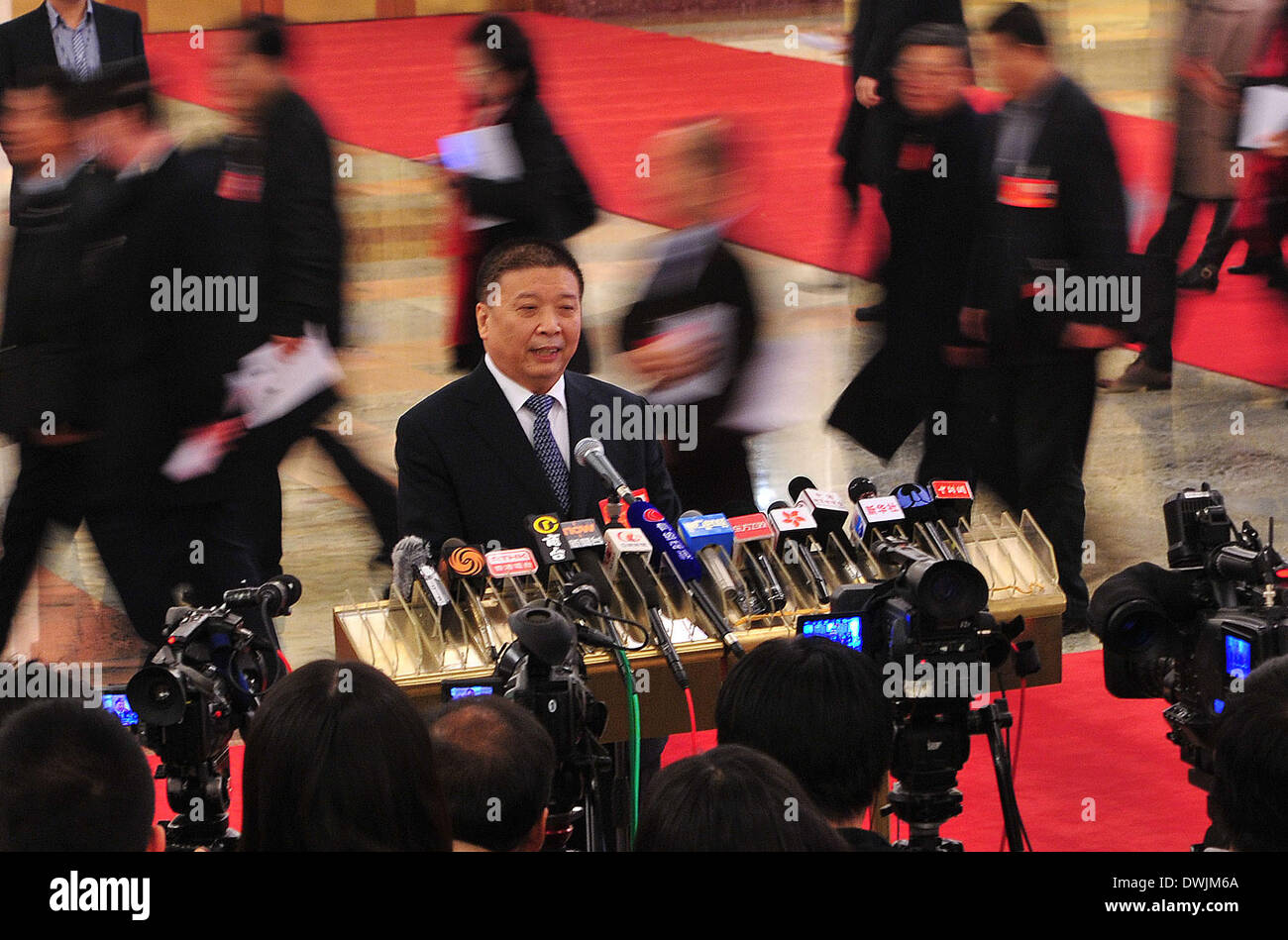 Beijing, China. 10th Mar, 2014. Chinese Minister of Land and Resources Jiang Daming receives an interview at the Great Hall of the People in Beijing, capital of China, March 10, 2014. Jiang said the Ministry of Land and Resources (MLR) and the Ministry of Housing and Urban-rural Development (MOHURD) would jointly cracked down building and sales of limited-property-rights housing. © Xiao Yijiu/Xinhua/Alamy Live News Stock Photo