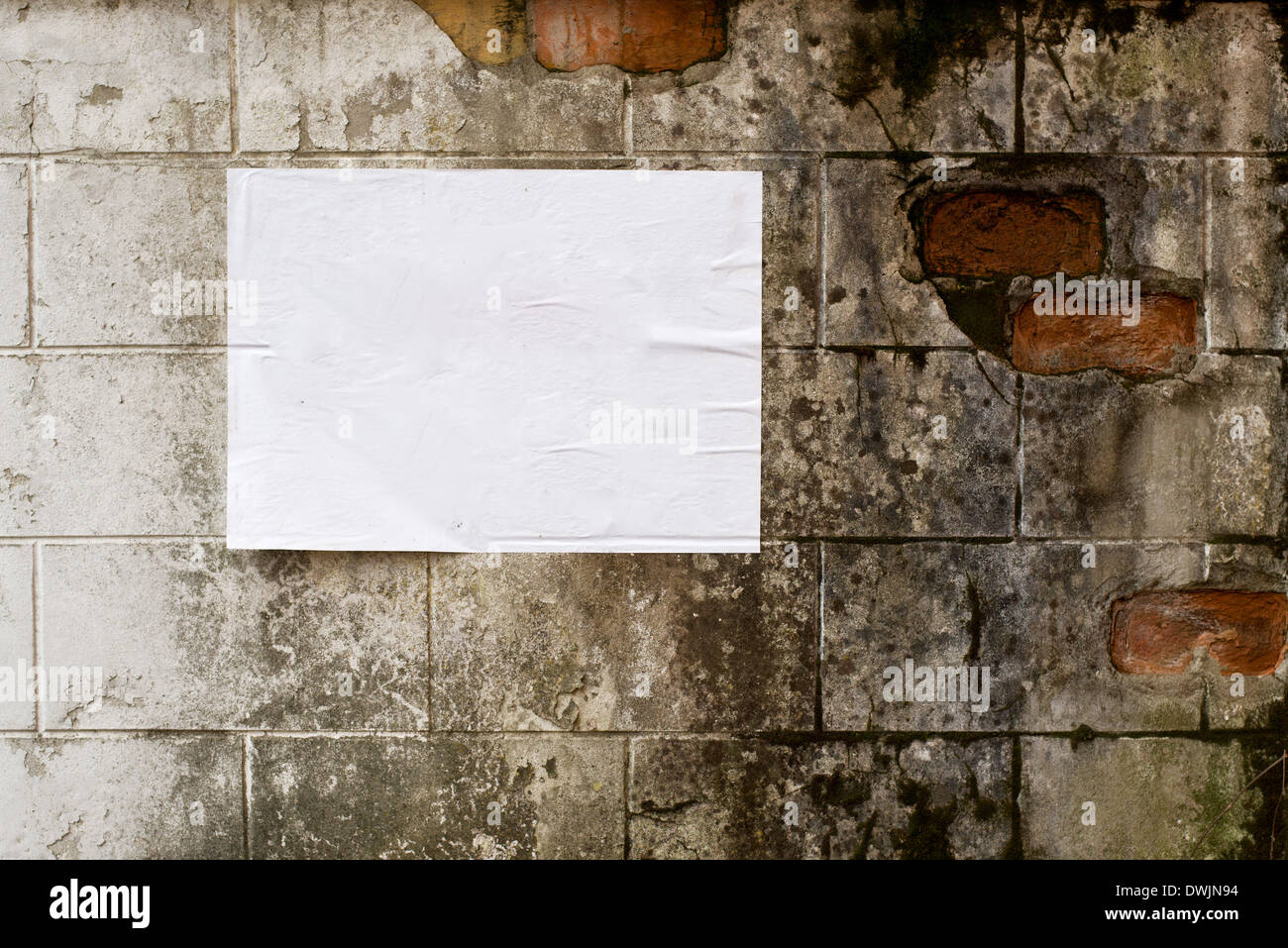 Blank white poster on grunge wall with copy space for your text or design. Stock Photo