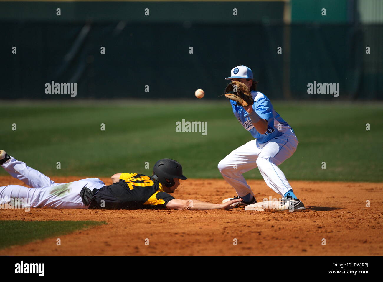 Kennesaw, Georgia, USA.  March 8, 2014 -- Shortstop Aaron Silbar (10) applies the tag durin during the first game of Saturday's doubleheader between Columbia University and Kennesaw State University. The teams split the doubleheader. Credit:  Wayne Hughes | Alamy Live News Stock Photo