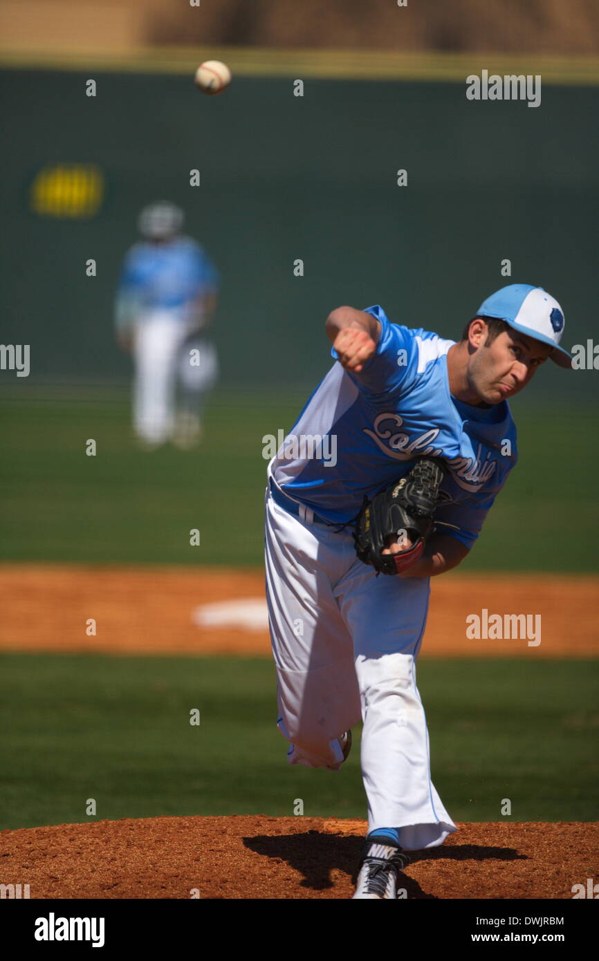 Kennesaw, Georgia, USA.  March 8, 2014 -- Righthander Joey Donino (19) delivers a pitch  during the first game of Saturday's doubleheader between Columbia University and Kennesaw State University. The teams split the doubleheader.  Columbia one the first game 9-3.  KSU won the night cap 15-1. Credit:  Wayne Hughes | Alamy Live News Stock Photo