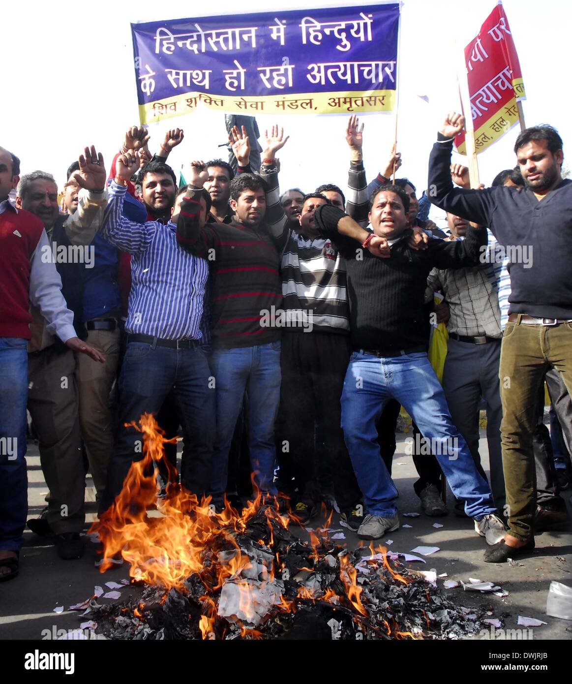 Amritsar, India. 10th March 2014. Aspirants of Amarnath Yatra under the  banner of Amarnath Sewa Mandal protesting against J and K government and  Shrine Board for not registering them for the pilgrimage, image size:1163x1390