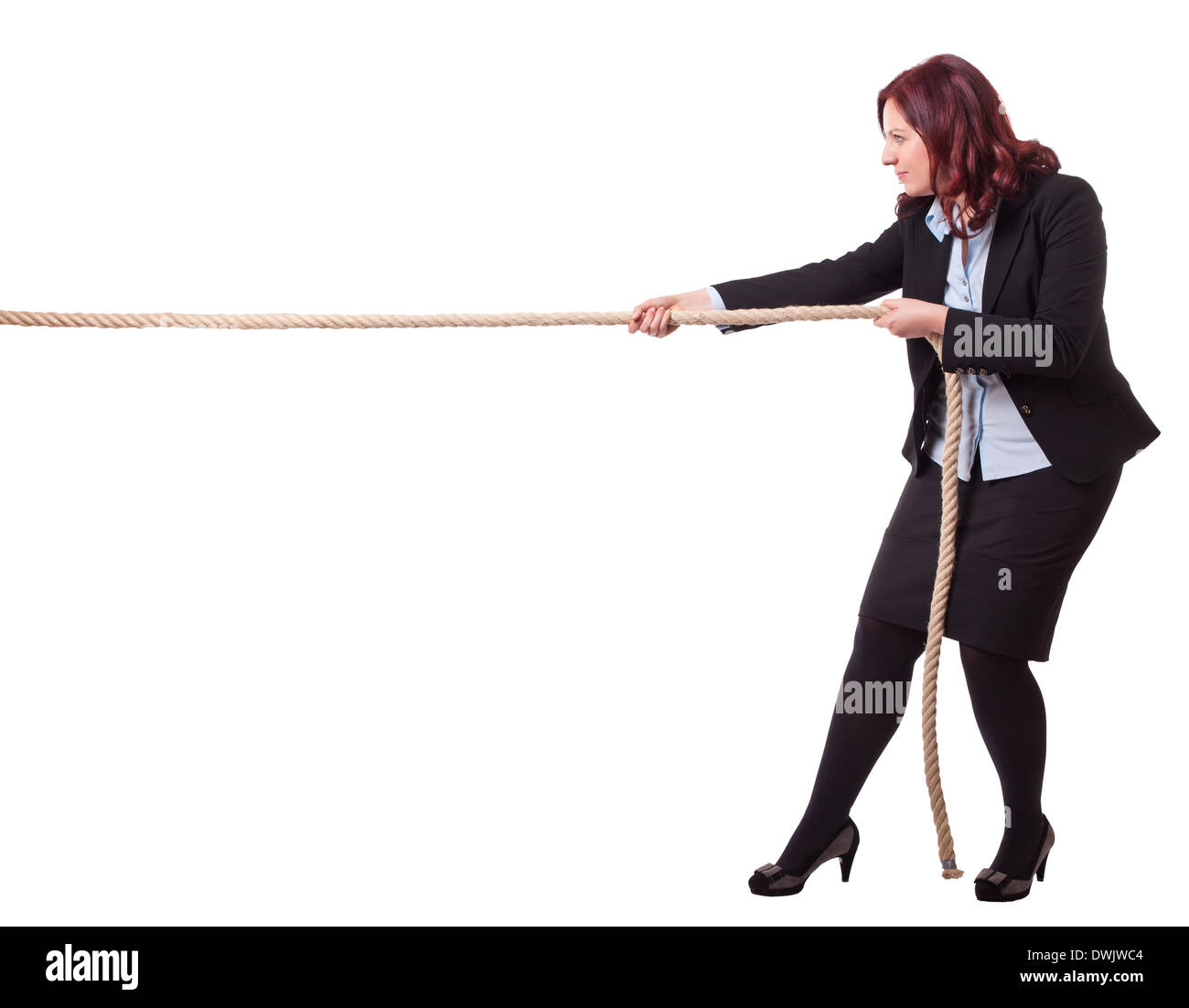 businesswoman pull rope isolated on white background Stock Photo