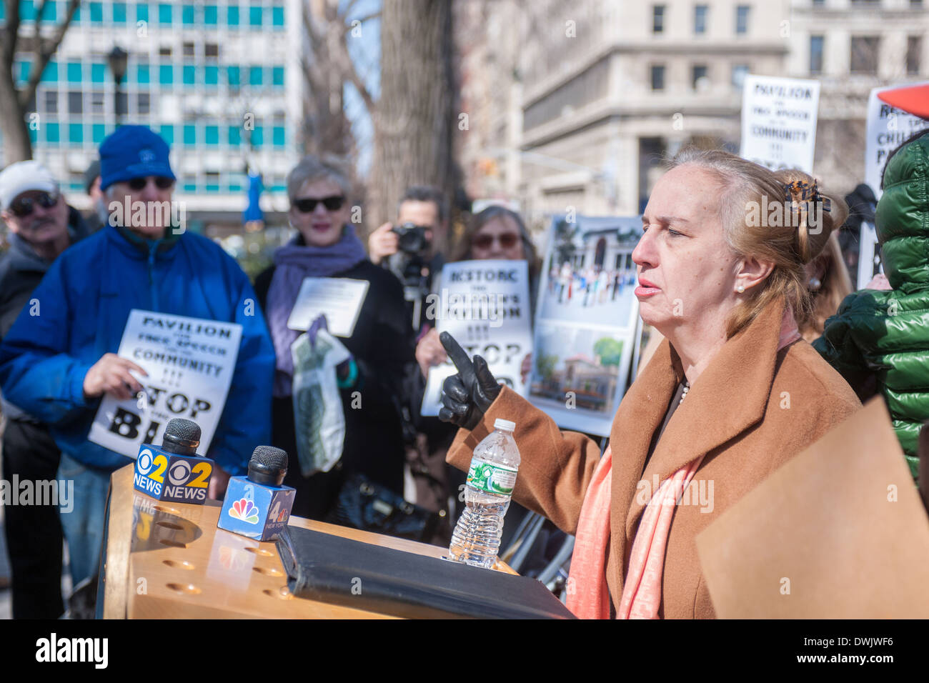 Manhattan Borough President Gale Brewer speaks at a rally at the pavilion at the north end of