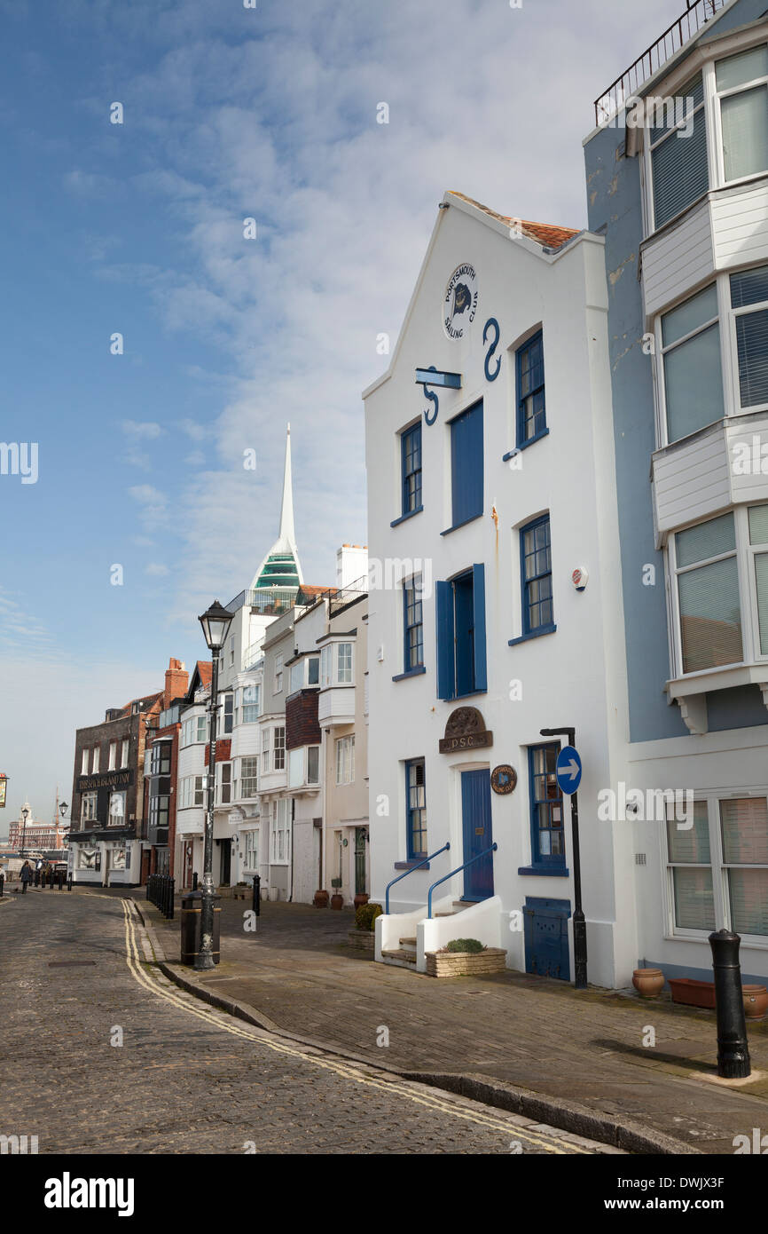 Portsmouth Sailing Club and cobbled street of Old Portsmouth. Stock Photo