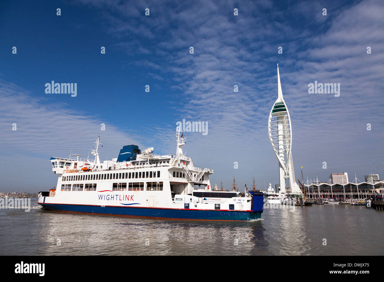 Wightlink car ferry in Portsmouth Harbour with the Spinnaker Tower. Stock Photo