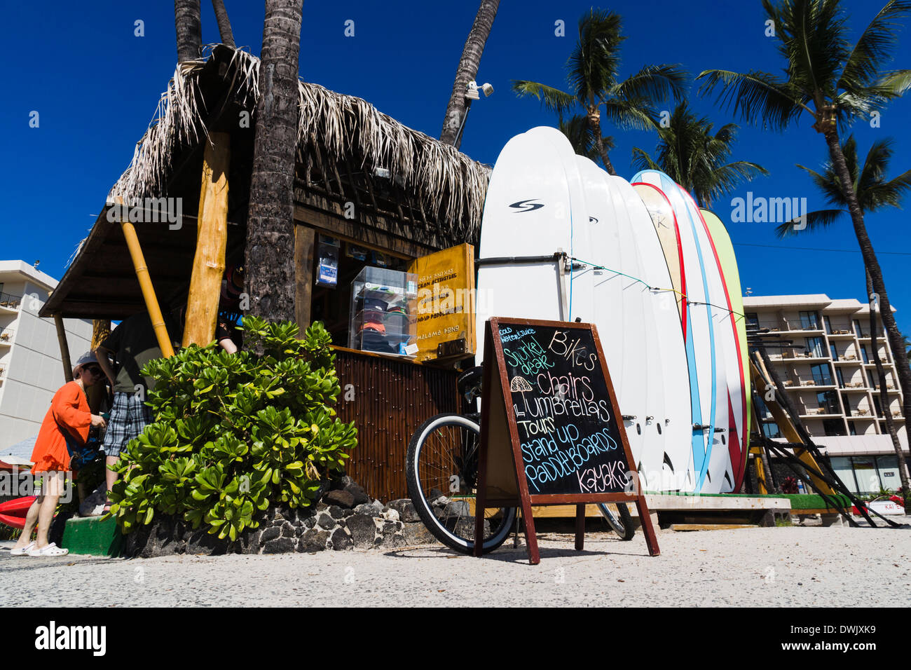 Kona Boys beach shack. Rental of kayaks, stand-up paddleboards, snorkel gear, bicycles. Kailua, Big Island, Hawaii, USA. Stock Photo