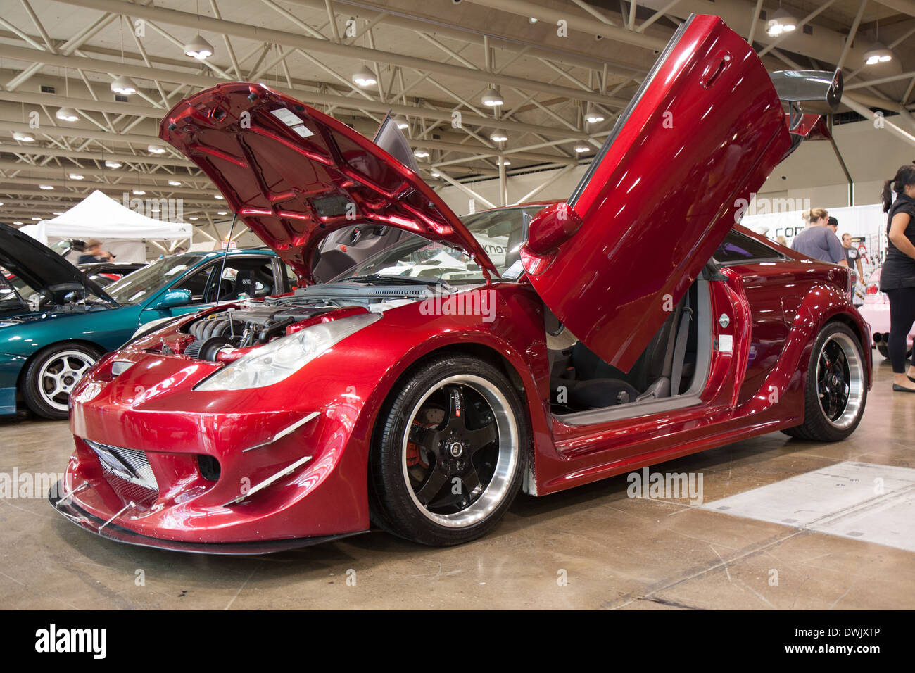 An after market customized red Toyota Supra sports coupe Stock Photo