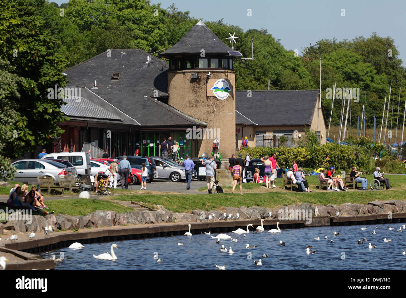 People walking at Castle Semple Loch Visitor's Centre, Clyde Muirshiel Regional Park, Lochwinnoch, Renfrewshire, Scotland, UK Stock Photo