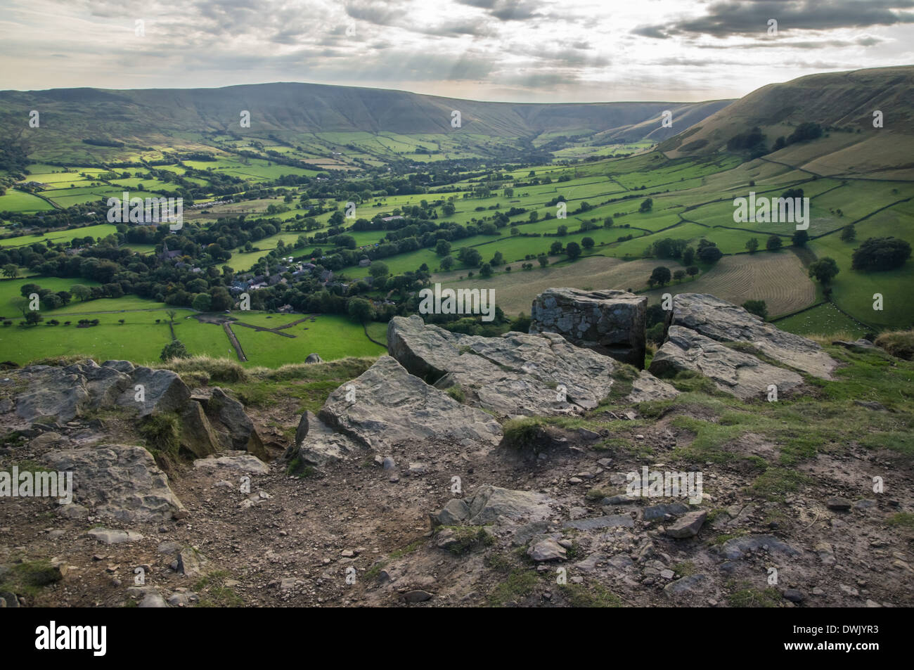View of the Edale valley from The Nab in Peak District National Park Derbyshire England United Kingdom UK Stock Photo