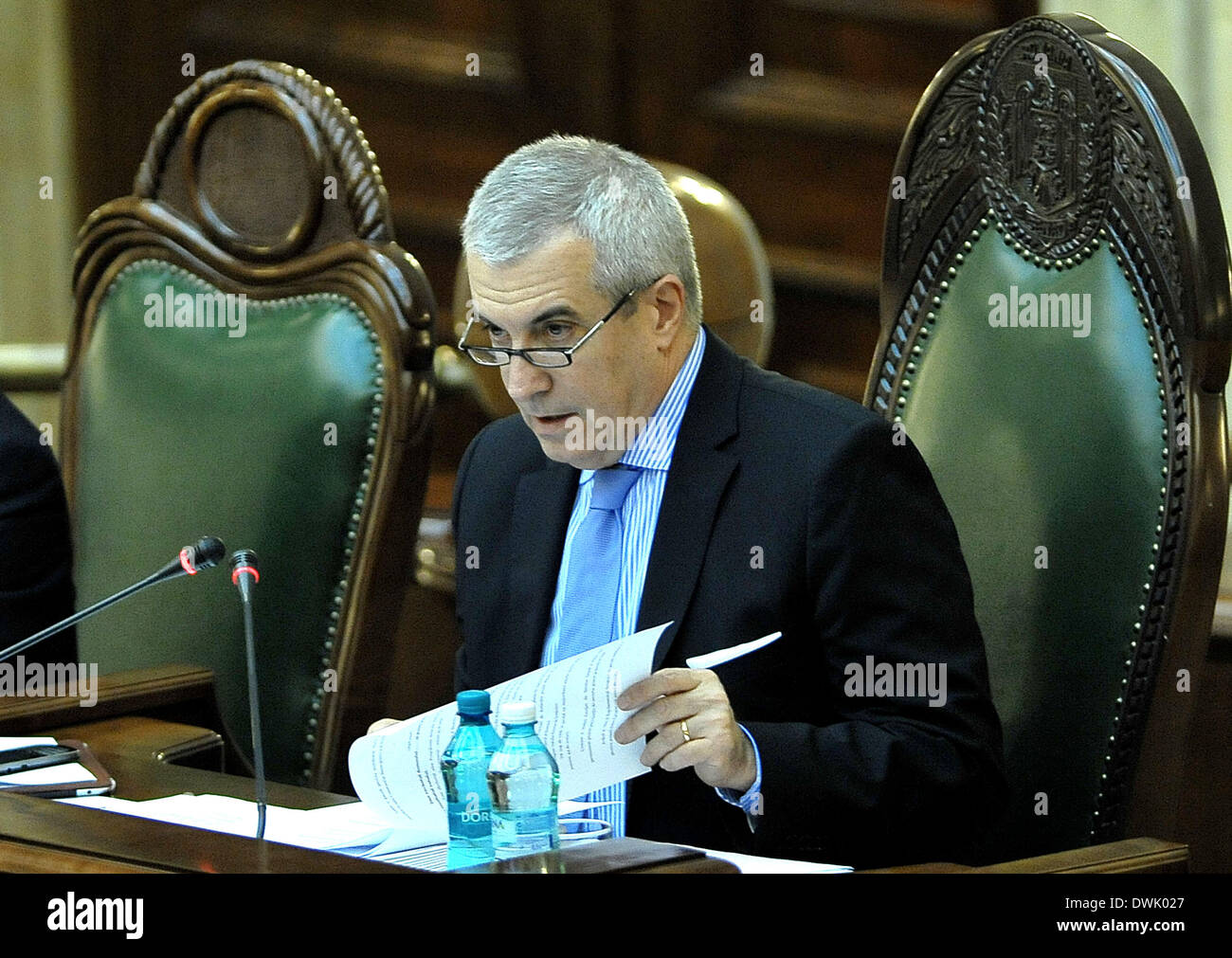 Bucharest, Romania. 10th Mar, 2014. Romania's senate president Calin Popescu-Tariceanu speaks at the Senate in Bucharest, capital of Romania, March 10, 2014. Romania's independent senator and former Liberal leader Calin Popescu-Tariceanu was on Monday elected as president of the senate, the upper chamber of the parliament. © Agerpres/Xinhua/Alamy Live News Stock Photo