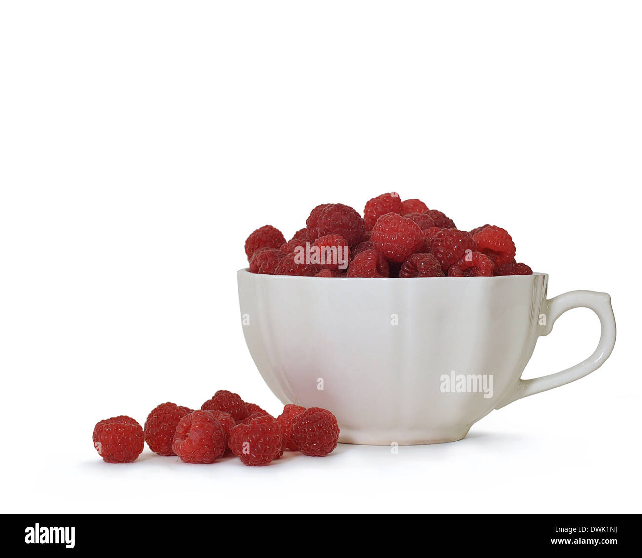 Cup of Fresh Picked Raspberries in a White Cup On White Stock Photo