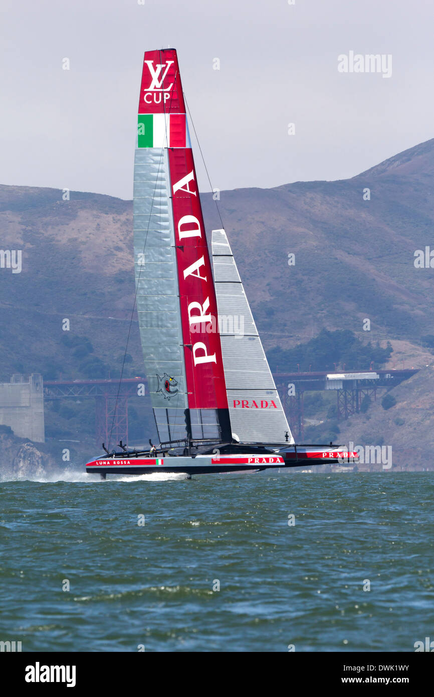 The Luna Rossa Challenge Catamaran races on San Francisco Bay during the 2013 Americas Cup competition. Stock Photo