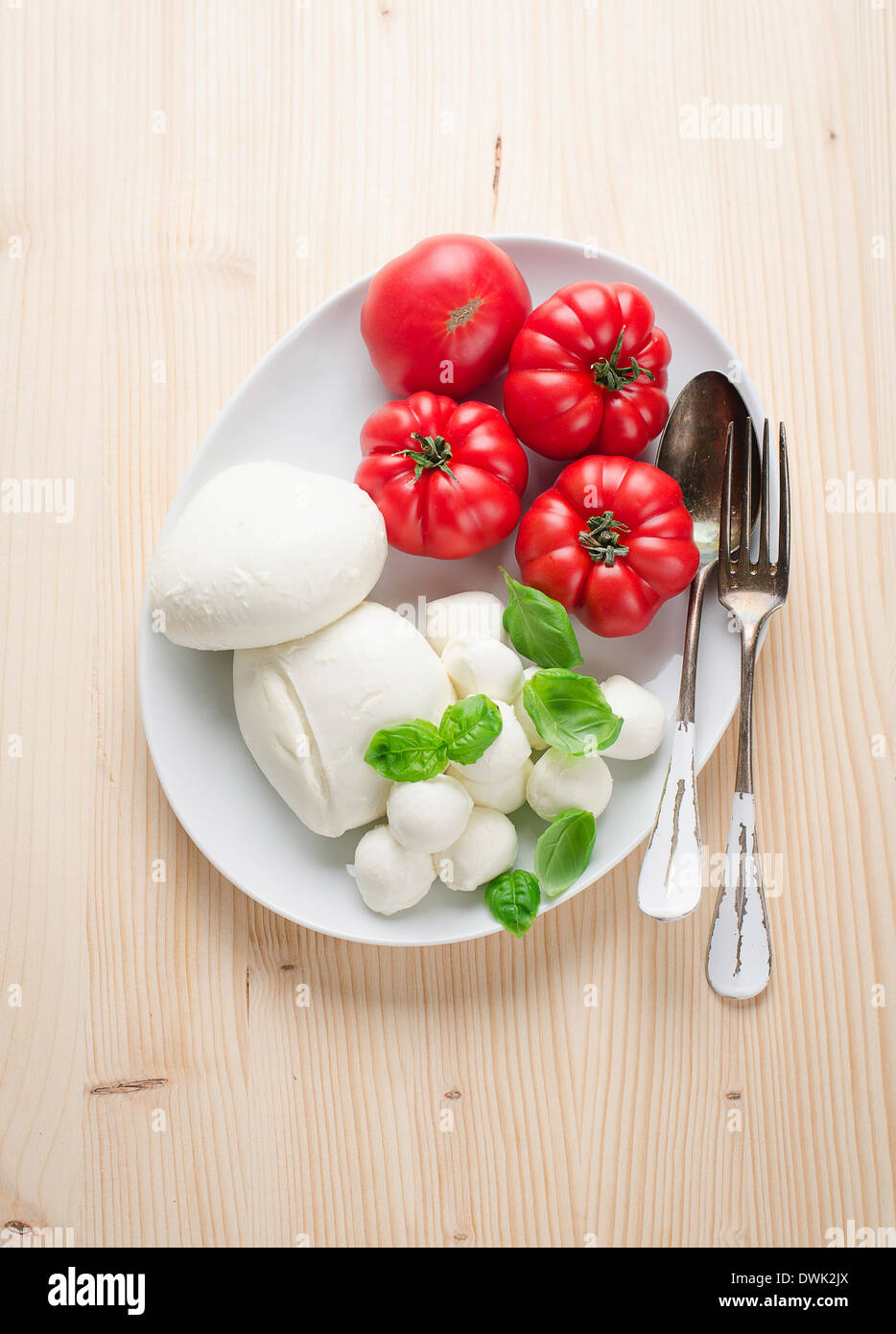 Mozzarella Cheese with Tomato and Basil Stock Photo