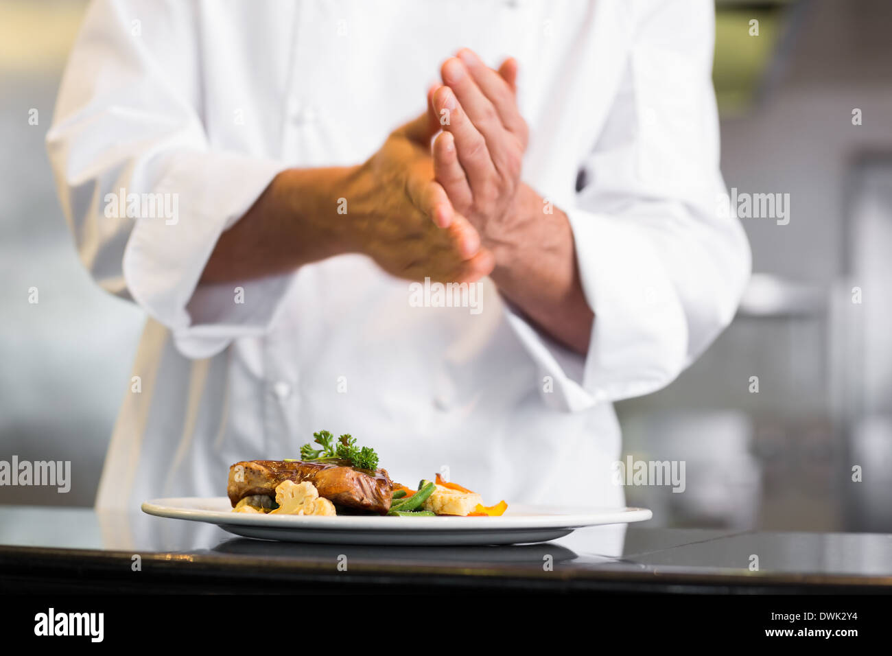 Mid section of a chef putting salt in kitchen Stock Photo