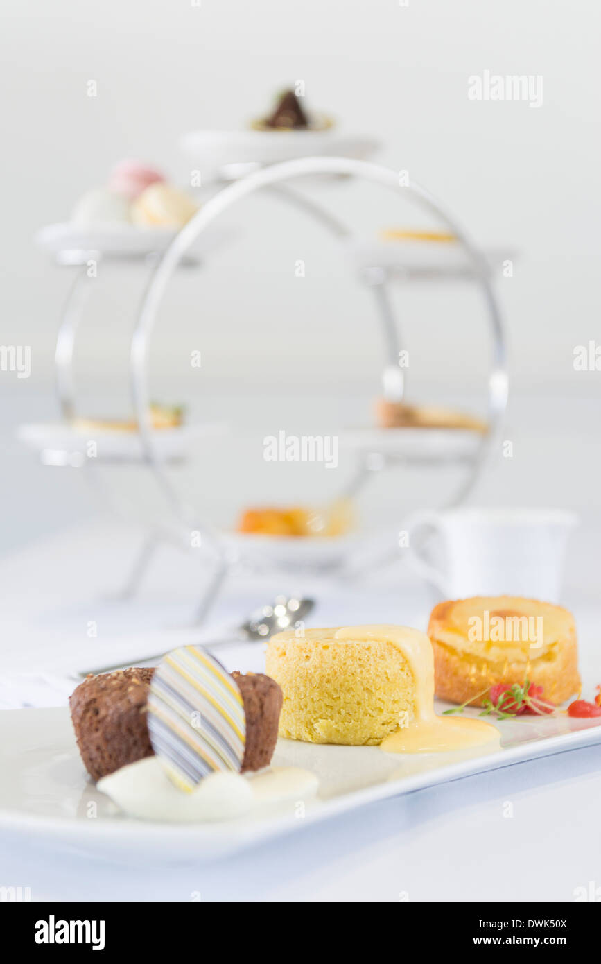 Trio of desserts, including chocolate brownie, sponge pudding and queen