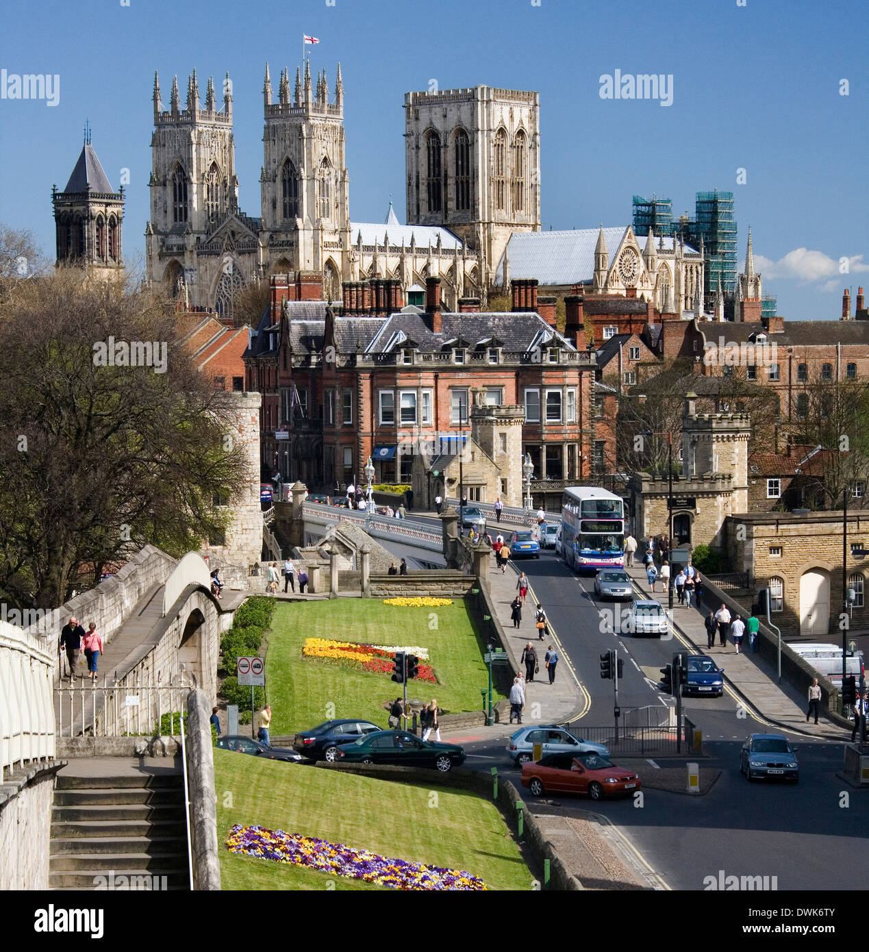 The Minster and the Roman Walls of York in the northeast of England. Stock Photo