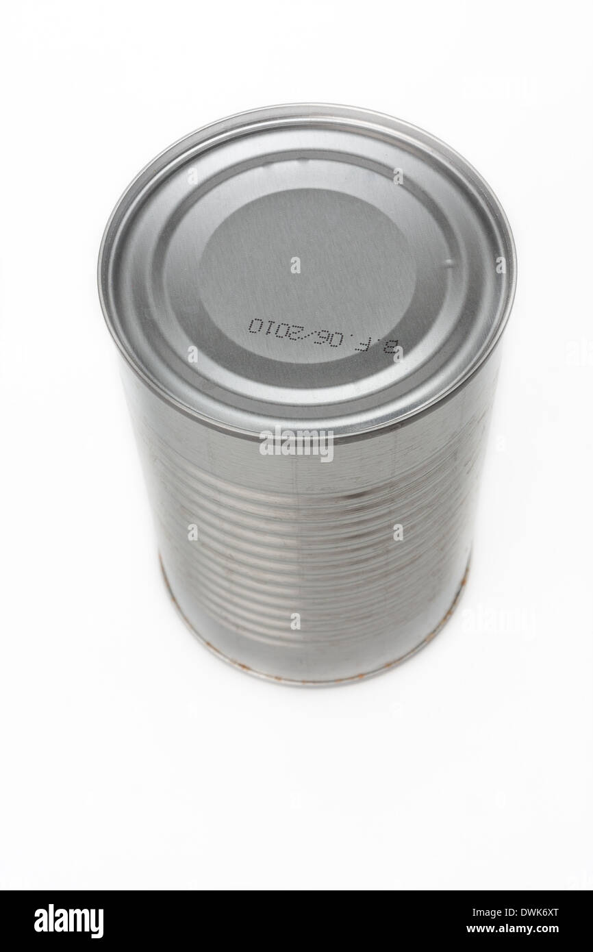 Canned food isolated on white, no label shot at 45 degrees from above Stock Photo