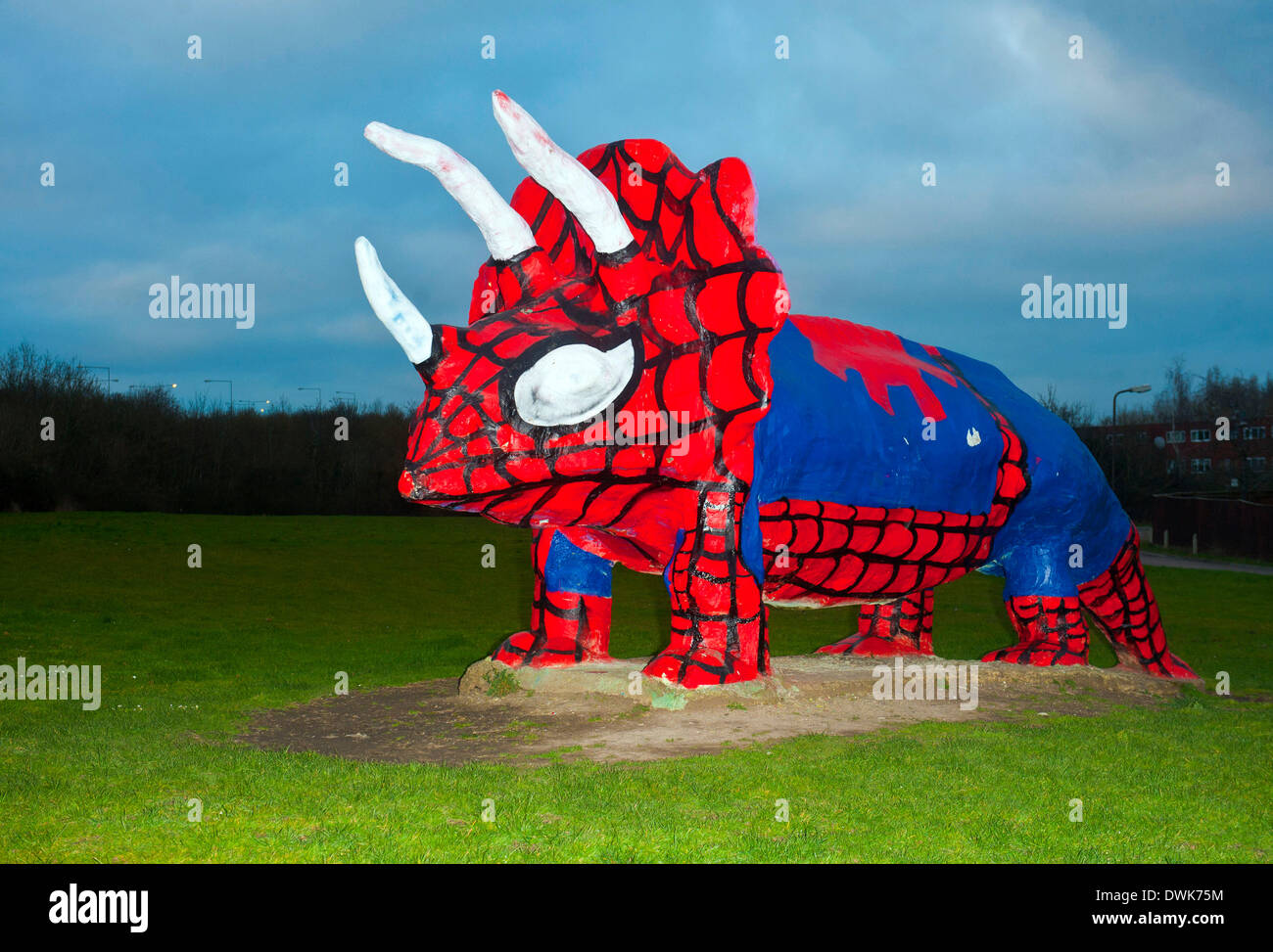 Milton Keynes, Bucks, UK. 10th March 2014. The Peartree Bridge dinosaur has had a superhero makeover after being painted to look like Spiderman on the of march its not the