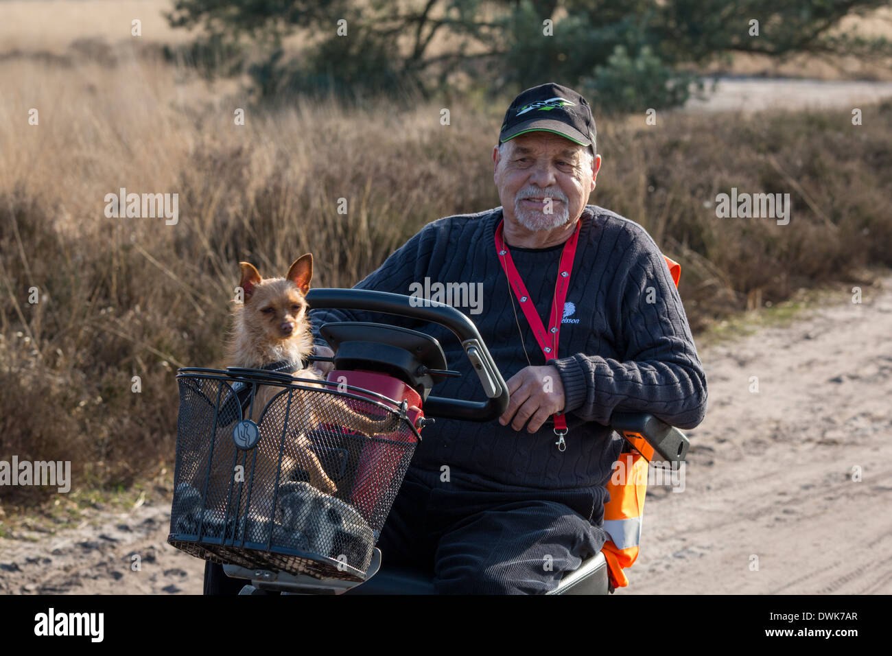Senior man with his dog on a mobility scooter during a trip on the heath Stock Photo