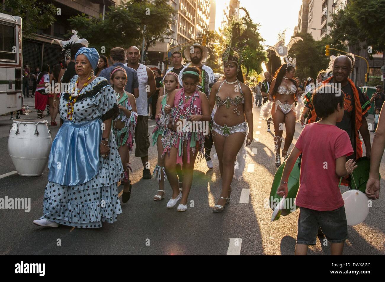 Buenos Aires, Buenos Aires, Argentina. 8th Mar, 2014. As the carnaval season comes to an end, the streets of Buenos Aires bear witness to the third Afrodescendants' Carnaval in San Telmo neighbourhood. Thousands of people celebrate the city's rich and often overlooked African cultural heritage as traditional comparsas dance through the streets to the beat of the candombe drums. © Patricio Murphy/ZUMAPRESS.com/Alamy Live News Stock Photo