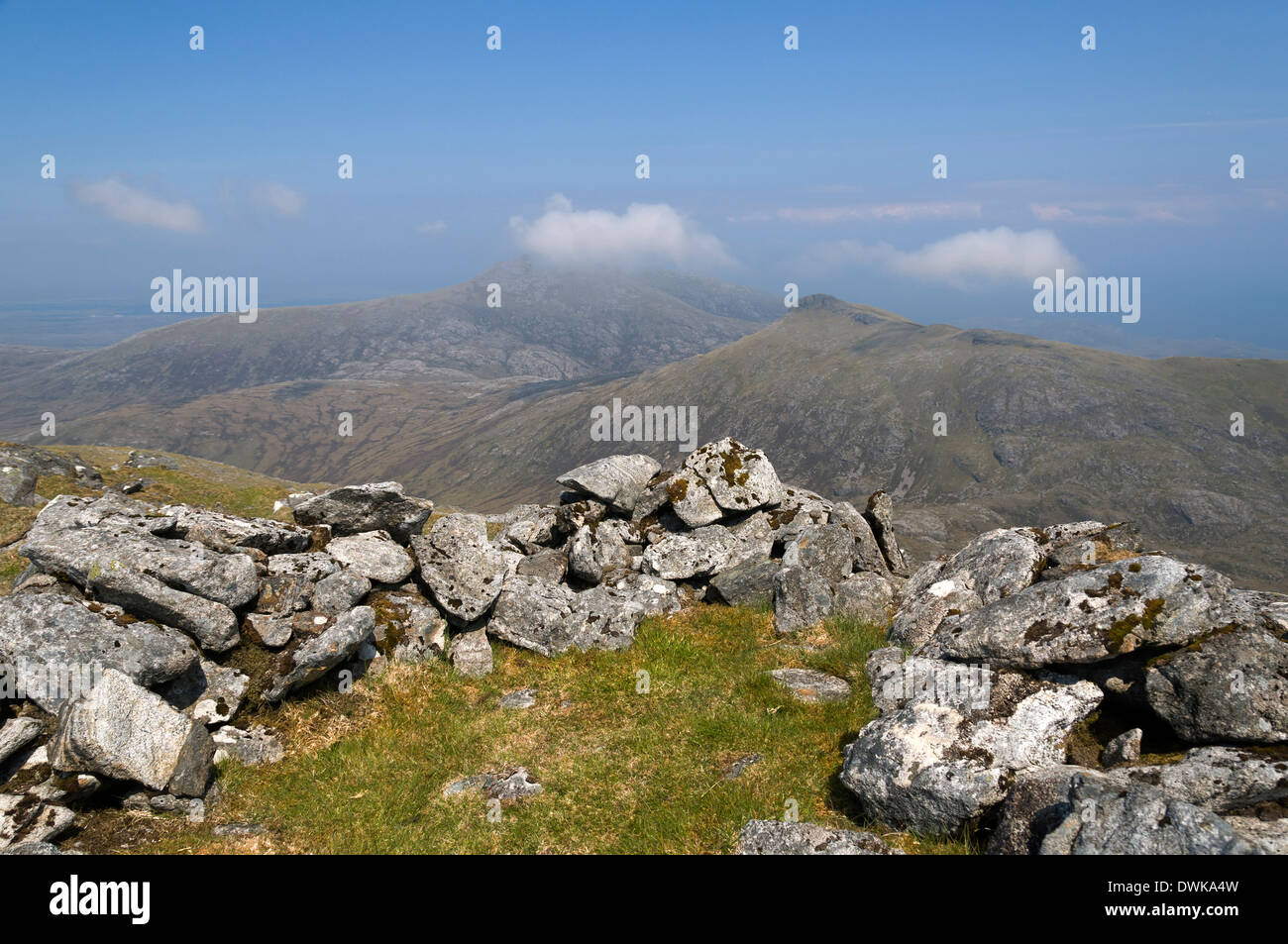 Beinn Corodale and Hecla (in cloud) from the summit of Beinn Mhor, South Uist, Western Isles, Scotland, UK Stock Photo