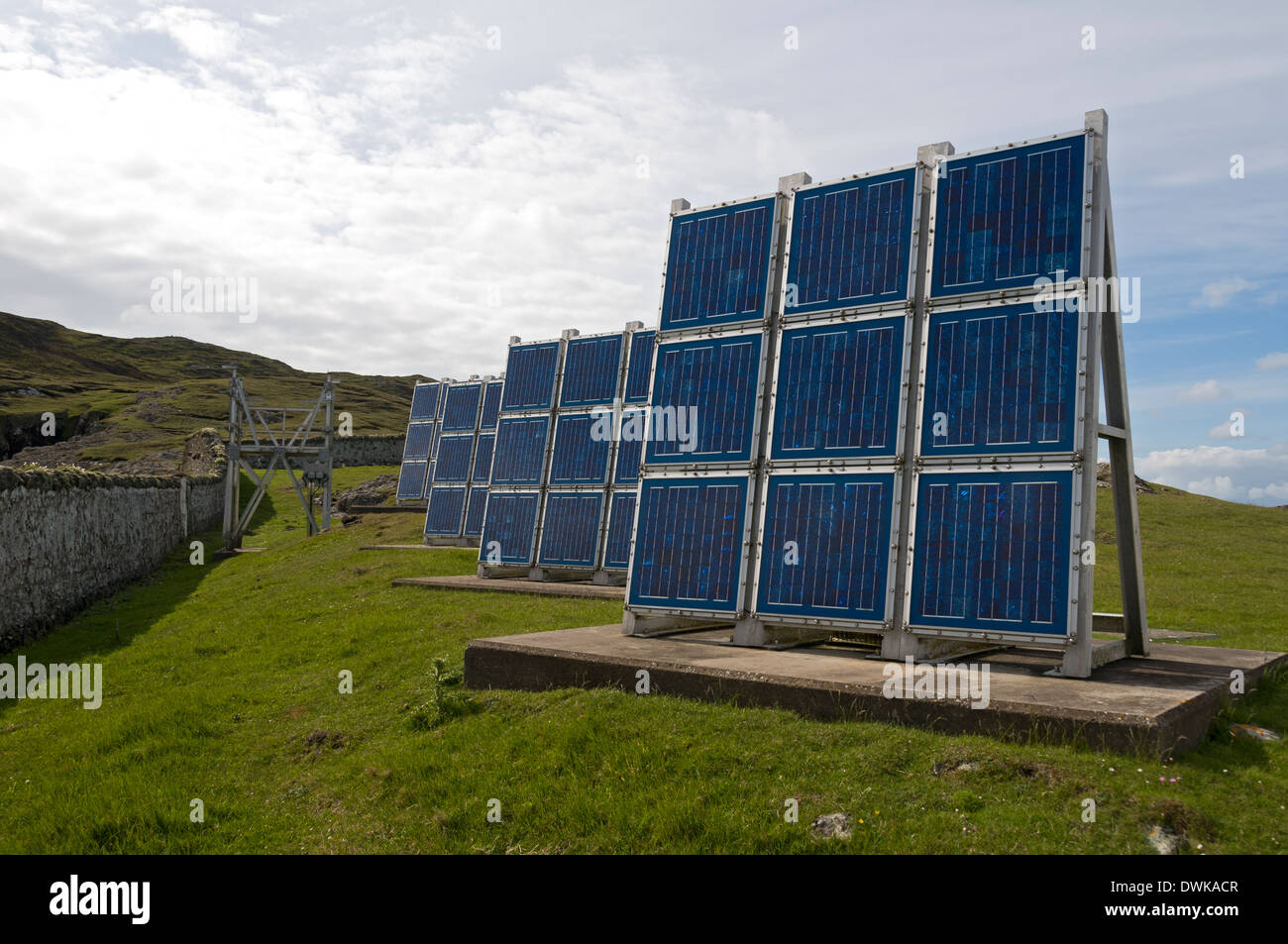 Solar panel array at Ushenish Lighthouse, South Uist, Western Isles, Scotland, UK Stock Photo