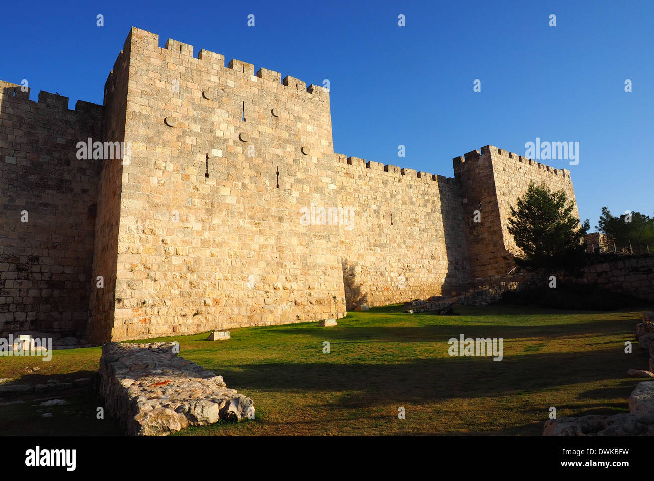 The walls of the Old City of Jerusalem near the Jaffa Gate along Hativat Etsyoni St Stock Photo