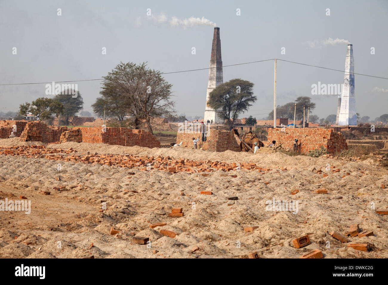 Rajasthan, India. Workers Stacking Bricks. Chimneys for Underground Brick Ovens in the Background. Stock Photo