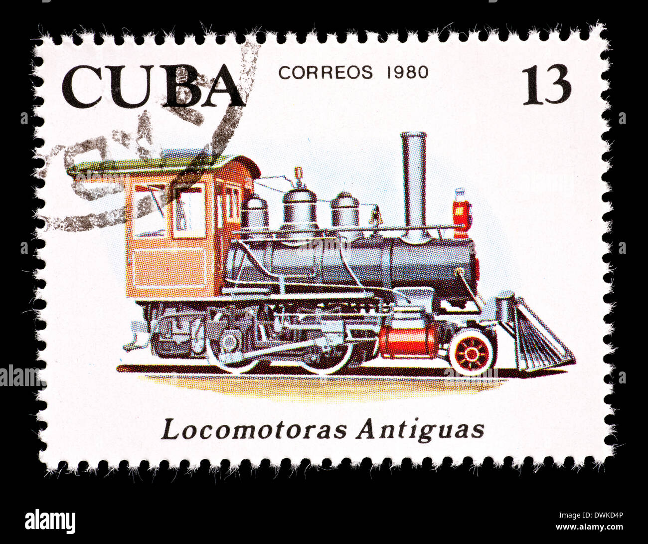 Postage stamp from Cuba depicting a historical 2-4-0 steam locomotive Stock Photo