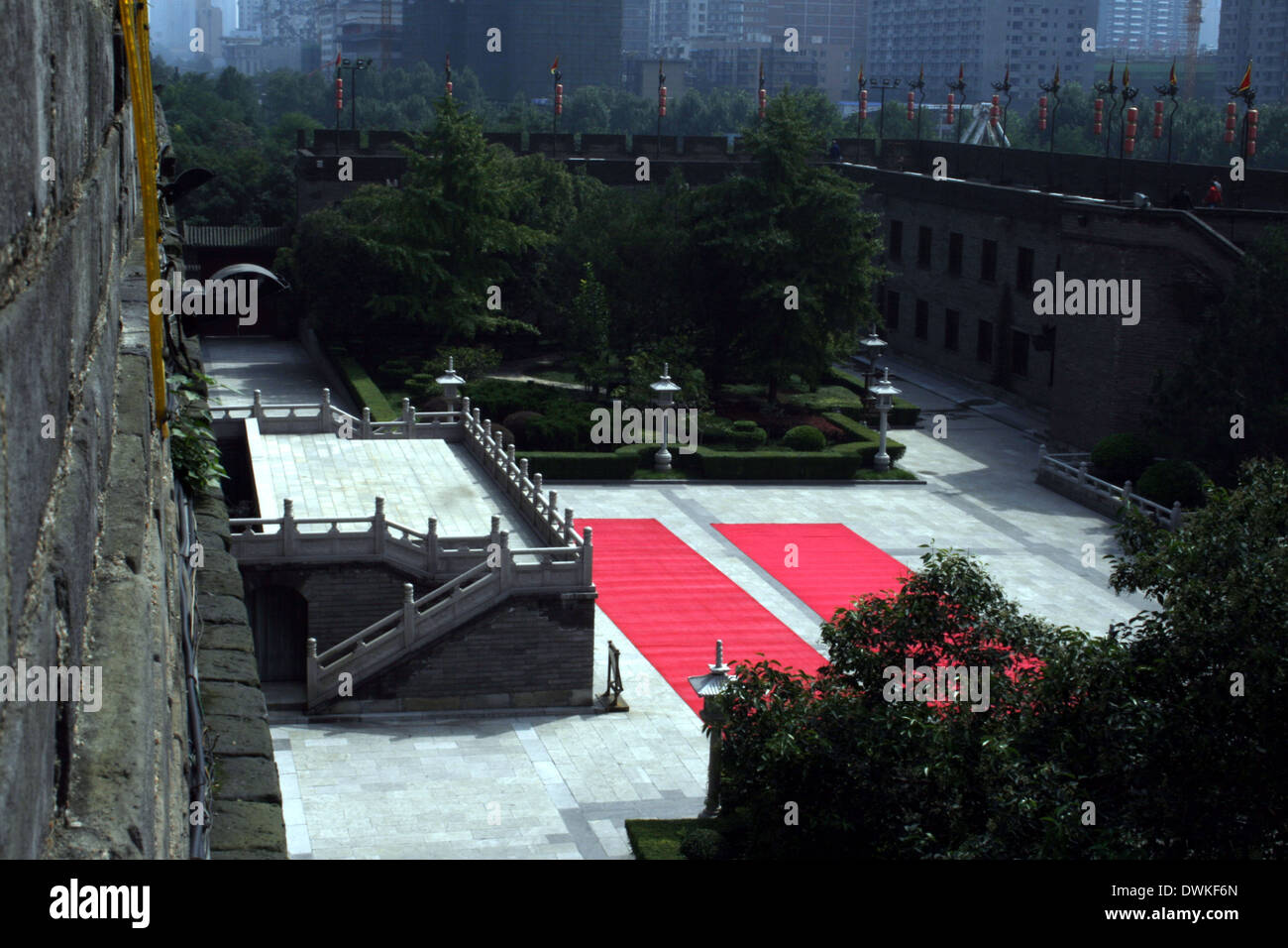 downtown of Xian, Courtyard at the south gate, red carpet Stock Photo