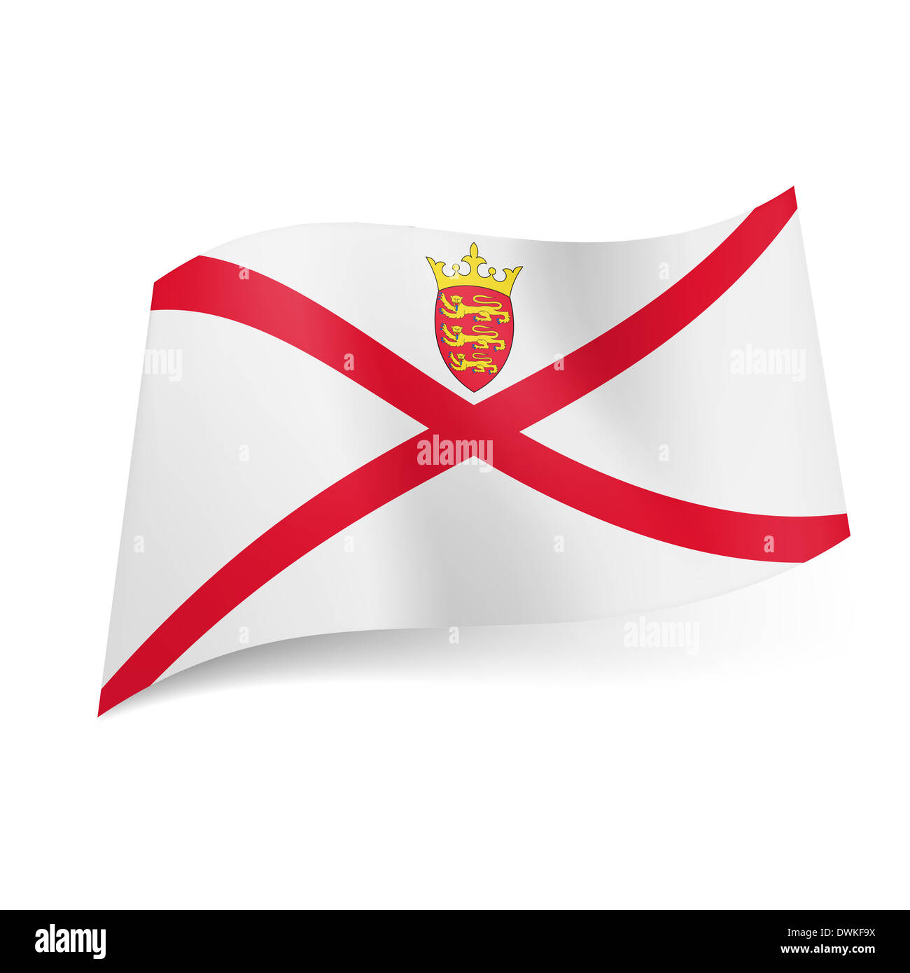 National flag of Jersey: diagonal red cross with coat-of-arms Stock Photo -  Alamy