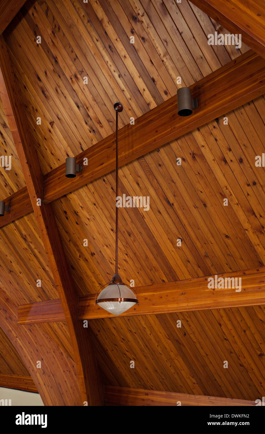 A detail shot of the vaulted wooden ceiling in an abandoned church. Harvest Bible Chapel, Oakville, Ontario, Canada. Stock Photo