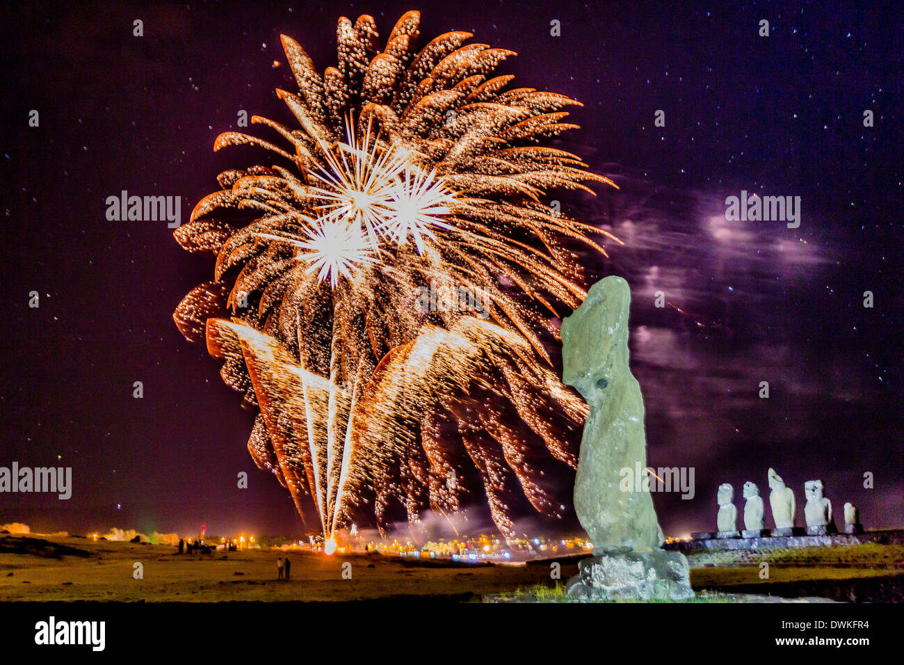 Fireworks ring in the New Year from the town of Hanga Roa on Easter Island (Isla de Pascua) (Rapa Nui), UNESCO Site, Chile Stock Photo
