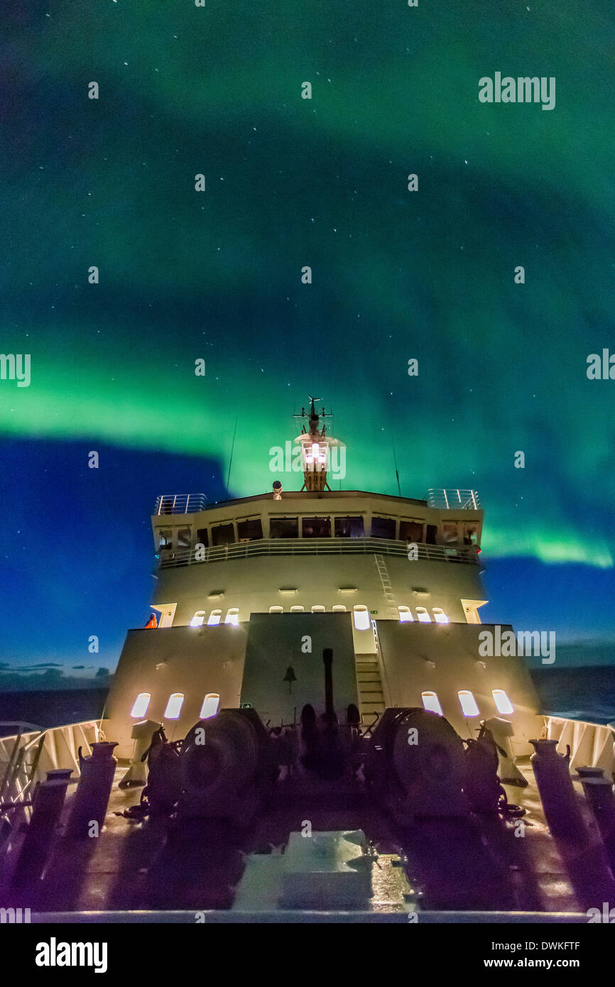 Aurora borealis (Northern Lights) above the Lindblad Expeditions ship in Hudson Strait, Nunavut, Canada Stock Photo