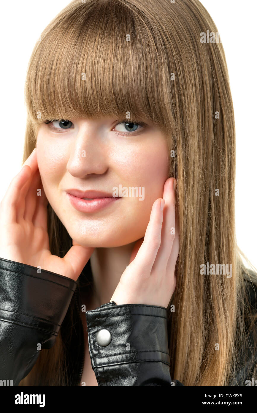 Portrait of a blond pretty woman with black leather jacket, isolated on white background Stock Photo