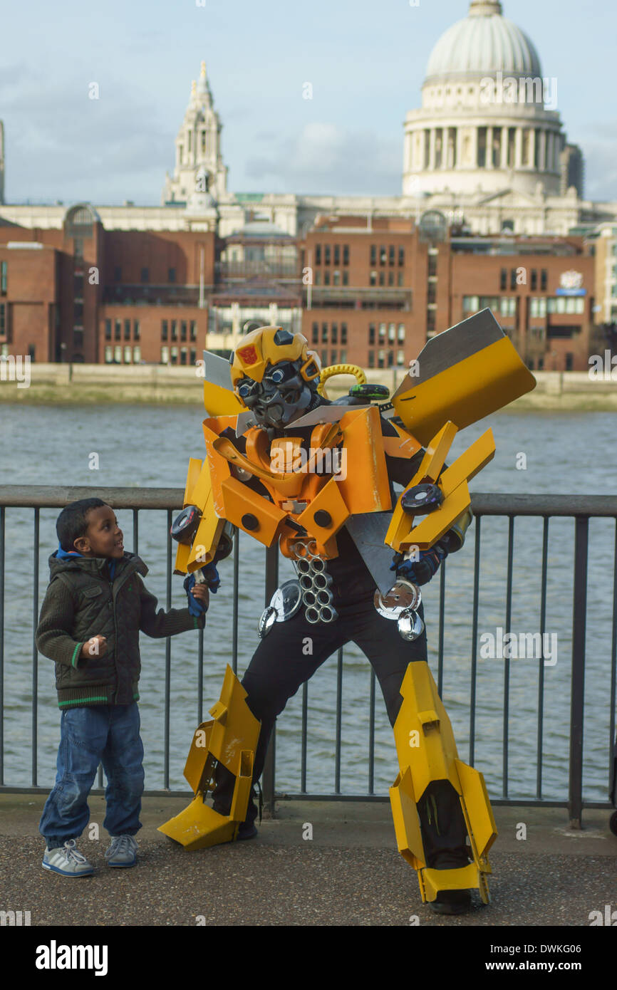 street artist in robot costume london Stock Photo
