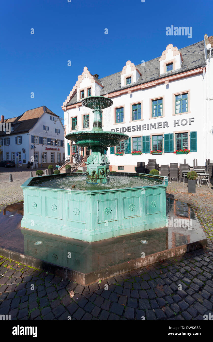 Andreasbrunnen fountain and Deidesheimer Hof Hotel, Deidesheim, German Wine Route, Pfalz, Rhineland-Palatinate, Germany, Europe Stock Photo