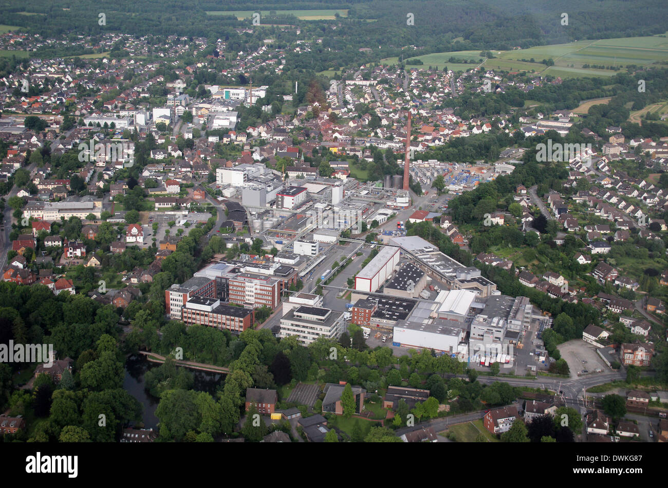 Aerial view of the Symrise company in Holzminden (Lower Saxony, Germany), picture taken at 17.06.2013 from a light aircraft. The company is a supplier of fragrances and flavorings and is one of the world's four largest in this industry. Stock Photo