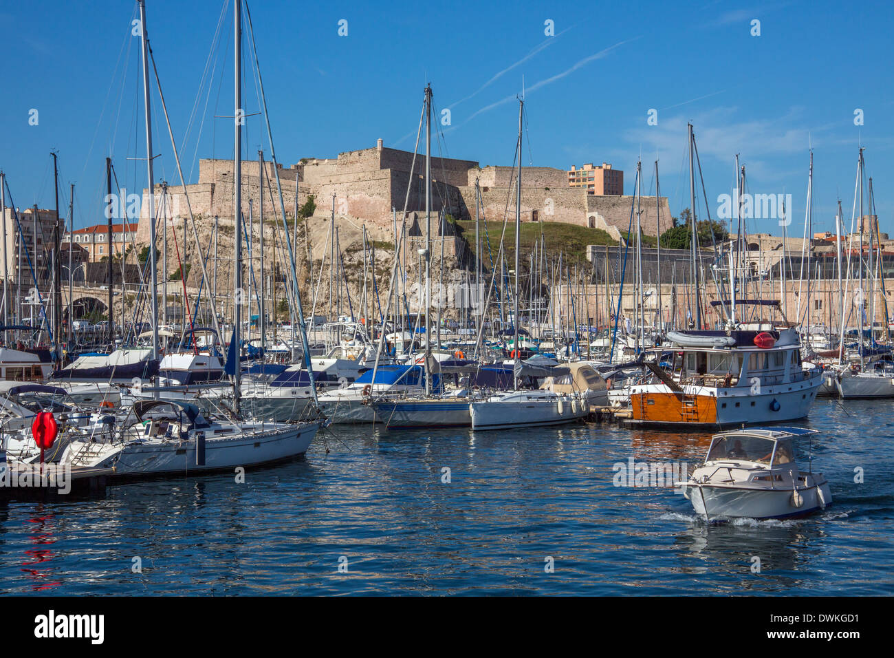 Marseille Castle above the yatchs in the harbor of the Port of Marseille on the Cote d'Azur in the South of France. Stock Photo