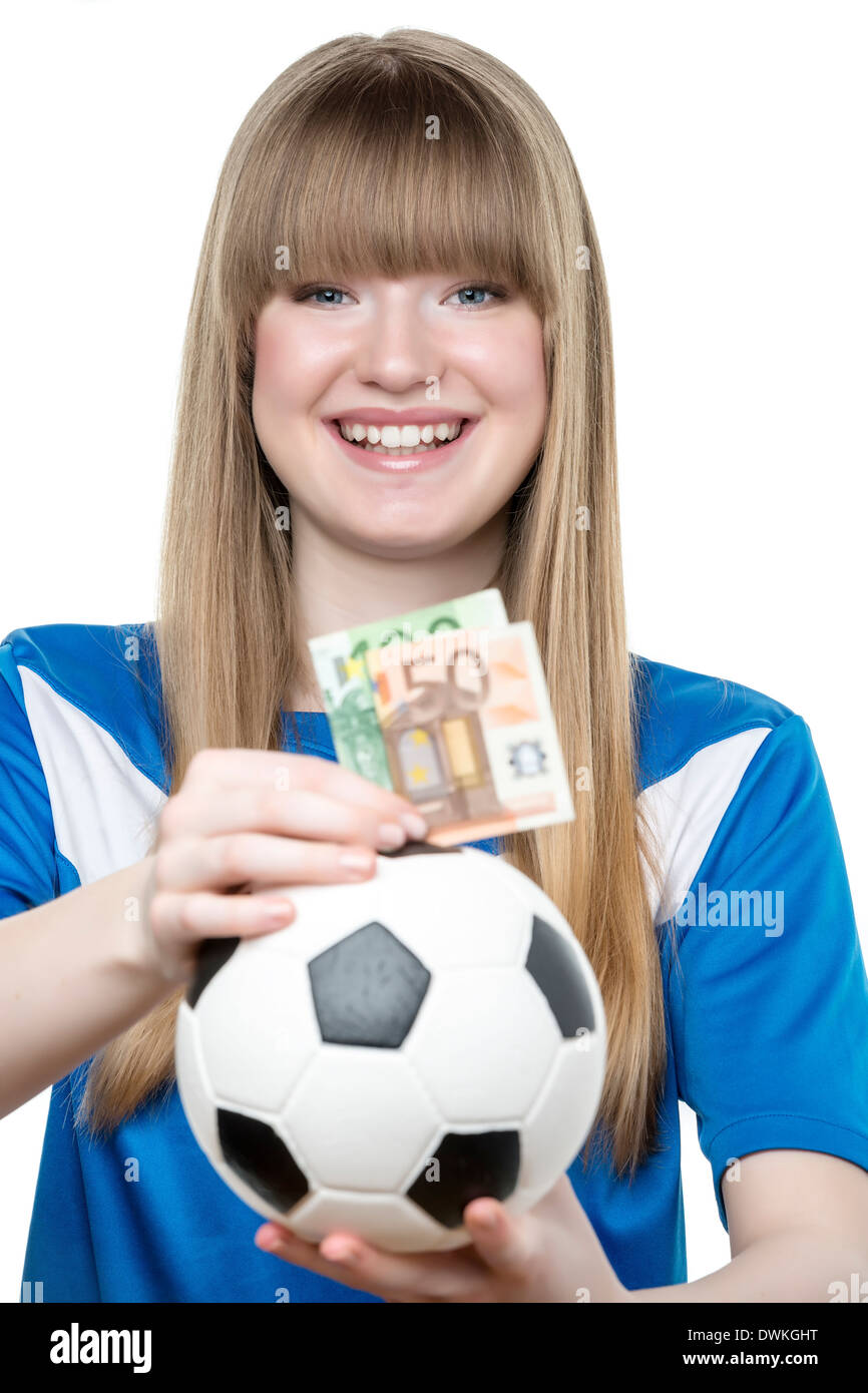 Young blond girl with bills and money box, isolated on white background